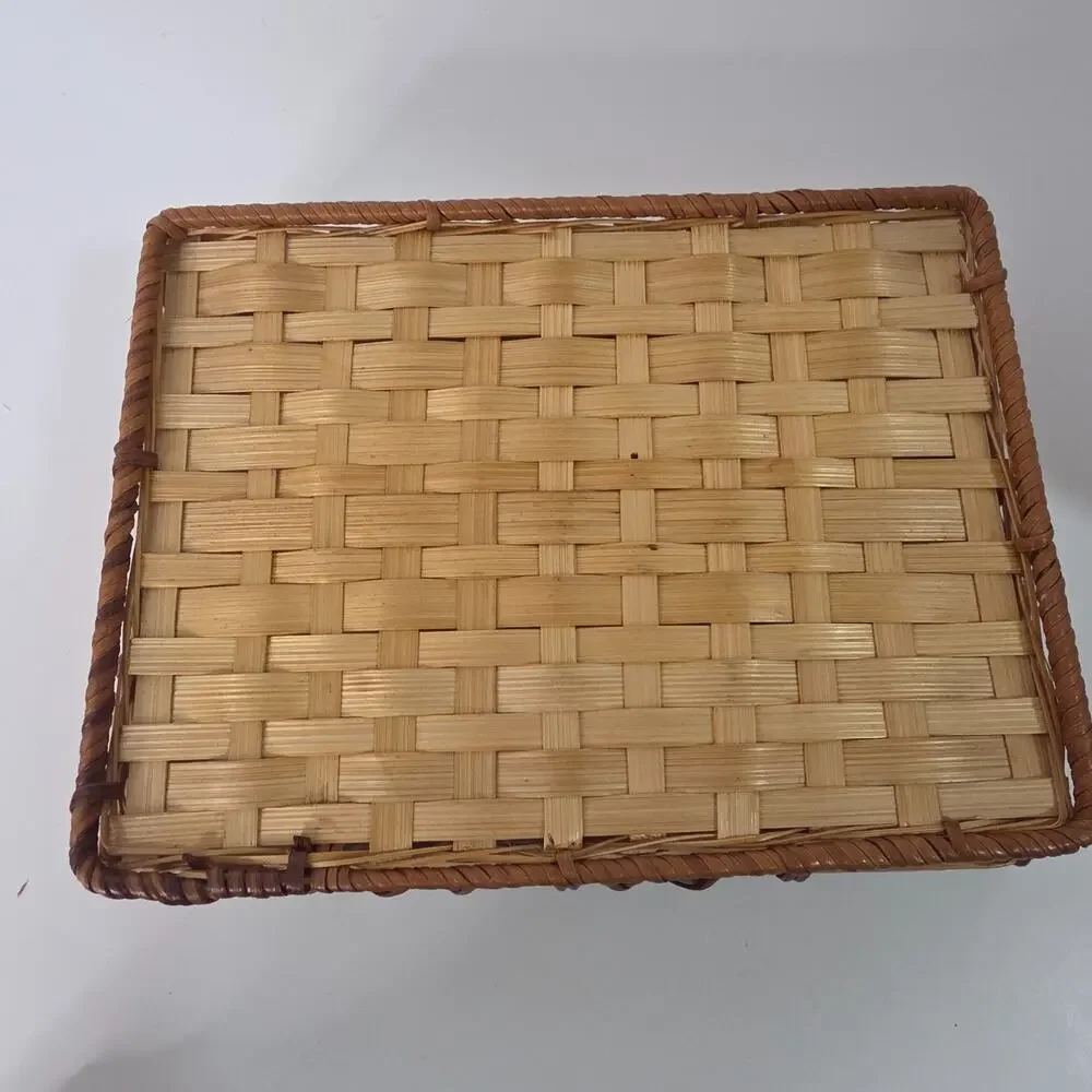 Small Rectangular Woven Bamboo Basket Tray Natural Brown Rustic Storage Decor